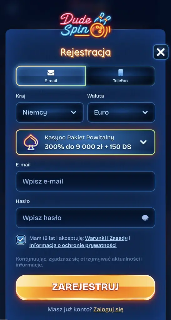 Aplikacja Dudespin do rejestracji użytkowników